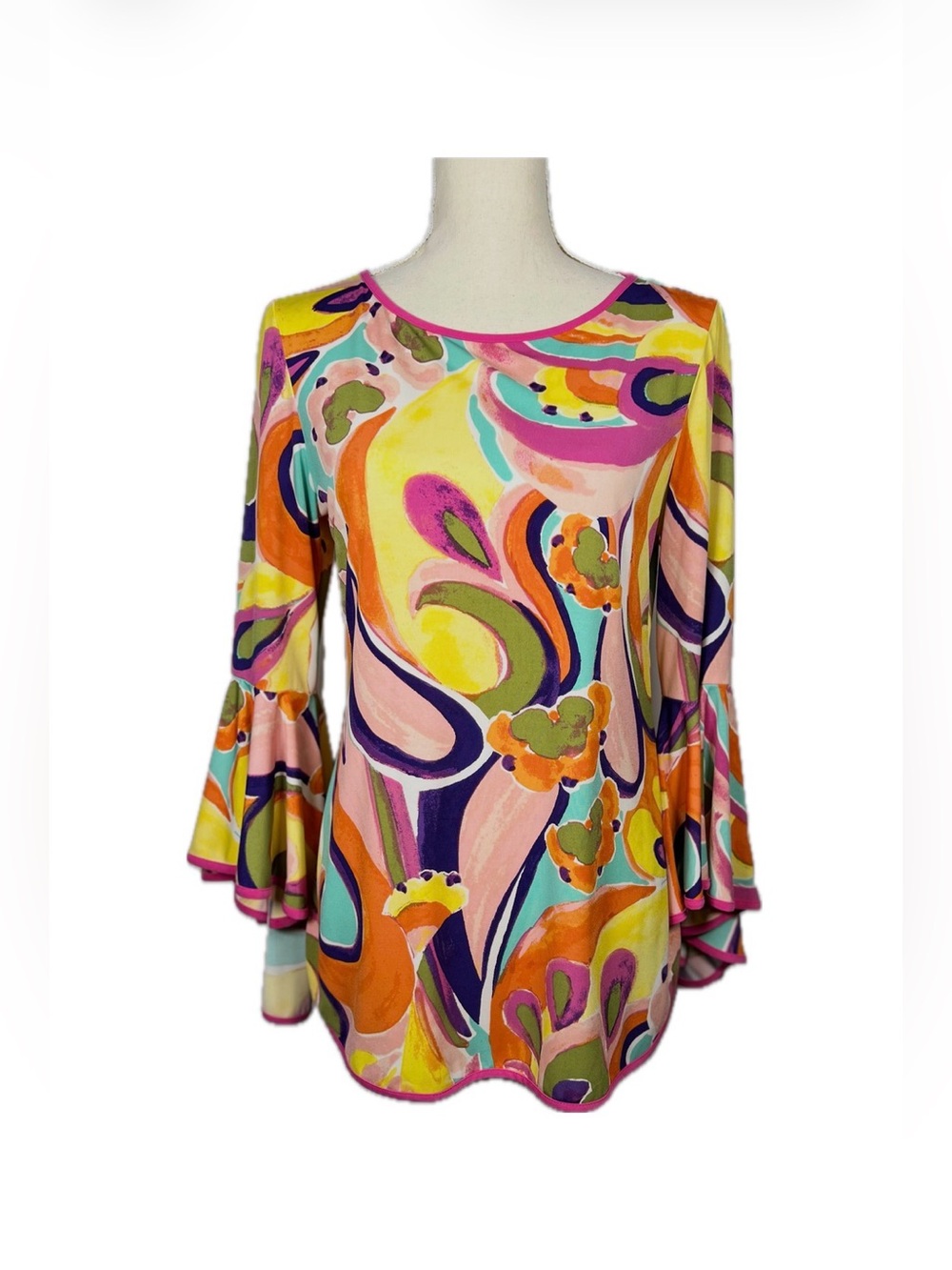 Coco Bianco Abstract Print Bell Sleeve Tunic Blouse Medium Pink Trim Boho Chic